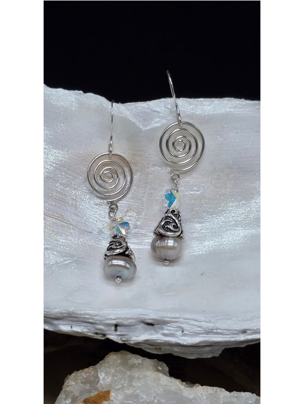 Handmade Celtic Spiral Freshwater Pearl Swarovski Crystal Dangle Earrings
